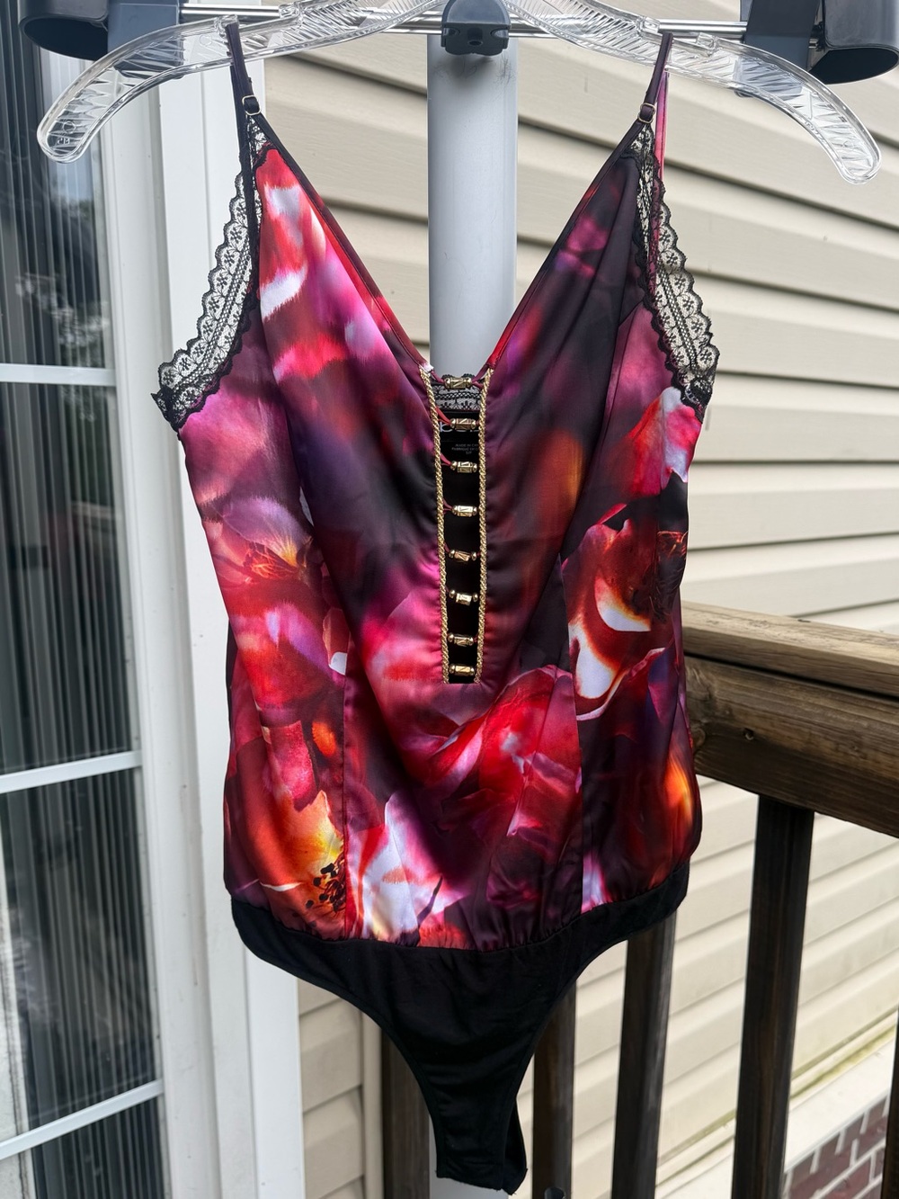 bebe Floral Satin Lace-Trim Bodysuit with Gold Details
